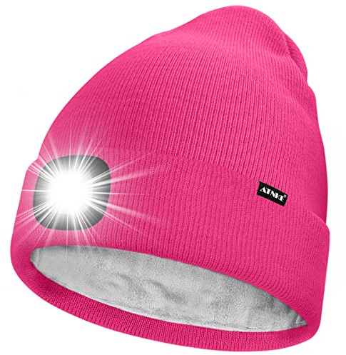 ATNKE LED Mütze mit Licht,Wiederaufladbare USB 4 LED Beleuchtete Laufmütze Extrem Heller Lampe Winter Warme Gefüttertes Fleece Stricken Mütze für Herren und Damen Geschenke