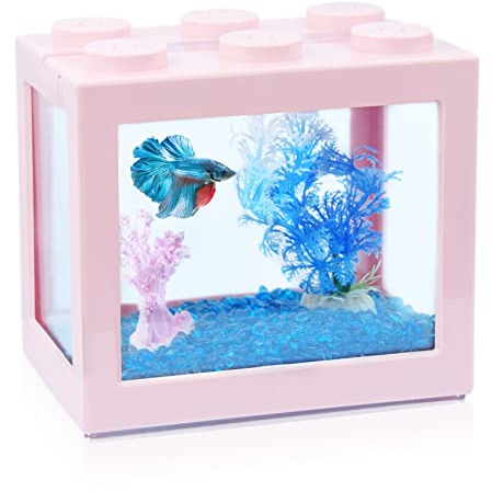 Small Betta Fish Tank, Stackable Mini Fish Tank Aquarium Tank Kit, 3/5 Gallon Rectangular Fish Bowl with Aquarium Gravel Decoration, Tiny Cube Tank for Seaweed Balls Sea Monkeys
