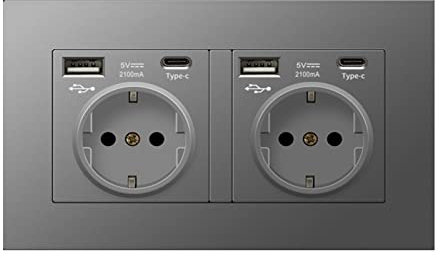 Gla Schuko Steckdose mit USB Ports & Type-C,Wand Steckdose Unterputz Schutzkontakt Wandsteckdose (2AC+2USB+2Type-C, Grau)