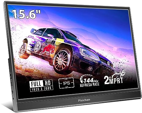 Pisichen Portable Monitor, 15.6 Inch 144Hz FHD 1920×1080P IPS Gaming Display, HDR Screen With HDMI/Type-C/USB-C, External for Laptop PC Mac Phone PS4 Xbox