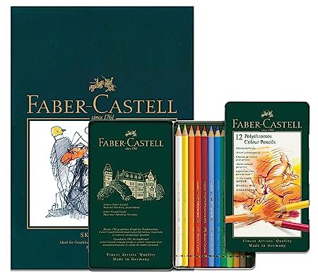 Faber-Castell Polychromos Künstler-Buntstifte, A4 Skizzenblock und Dose mit 12 Buntstiften – Kunst-Set für Malbücher für Erwachsene, Bastelbedarf, Zeichnen, Skizzieren, lichtechte Bleistifte, Schulen,