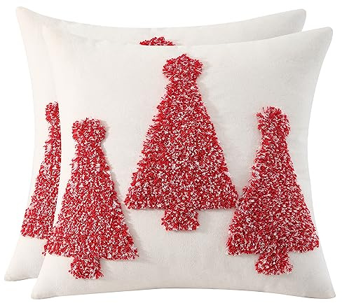 Tosleo 2er Set Weihnachten Kissenbezug Rot Tanne Tufteter Weihnachtsbaum 45x45cm Kissenbezüge Feines Leinen Kissenhülle Dekokissen für Sofa Wohnzimmer Schlafzimmer Couch Heimdekoration