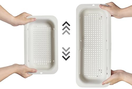 Sølmo Spülbeckensieb Ausziehbar - Vielseitiges und Ergonomisches Design Abtropfsieb - Platzsparend und hitzebeständig zum Abtropfen von Nudeln, Auftauen und Trocknen von Geschirr - 36x48x20 cm, Weiß