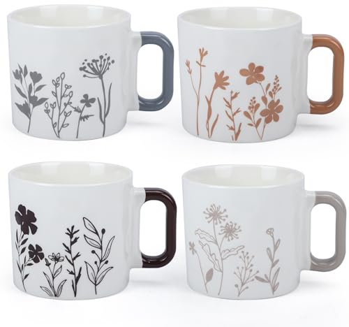 EYMPEU Set di 4 Tazze in Ceramica, Tazze Colazione con Motivi Floreali 440ml, Tazza Caffè, Latte, Bevanda, Acqua