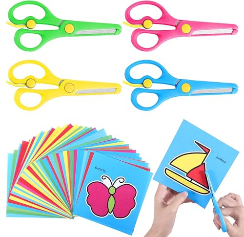 4 Pcs Kids Scissors with 93 Colorful Animal Paper-Cuts, Childrens Safety Stainless Steel Scissors Safety Edge Plus Stretch Design Right/Left Handed