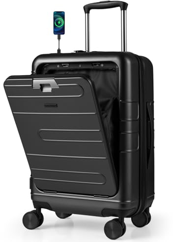 COSTWAY 20” Handgepäck mit Laptopfach, 40L Reisekoffer erweiterbar, Hartschalenkoffer mit Vordertasche, USB & Spinnerrädern, PC-Handgepäck Trolley mit TSA-Schloss für Geschäftsreisen (Schwarz)