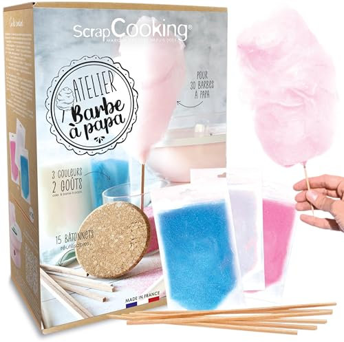 ScrapCooking - Kit Atelier Barbe à Papa - Avec 3 Préparations Sucre Barbe à Papa & 15 Bâtonnets - Saveur Cola & Barbe à Papa - Pour Machine à Barbe à Papa - 3792