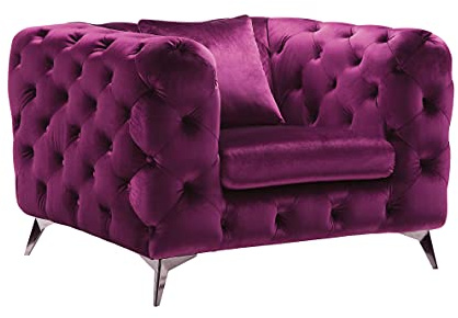 Luxury Classic Chesterfield Button Tufted Fabric Upholstered Armchair Loveseat Couch Furniture with Square Arms and Chrome Metal Legs for Home Office Living Room (Purple Loveseat) (Purple Armchair)
