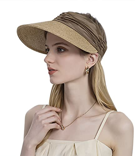 JIAHG Casquette Visière Femme en Paille UV Protection Chapeau de Paille d'été Haut Vide Extensible Chapeau de Soleil Chic pour Voyage Camping Randonné Cyclisme Golf