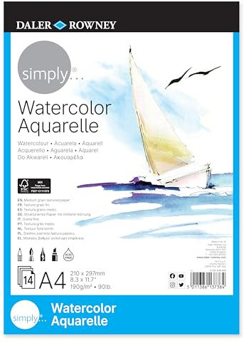 Daler-Rowney, Simply, Aquarellblock, Mittlere Körnung, 190g/m², 14 Seiten, A4 Vollformat 21 x 29.7cm