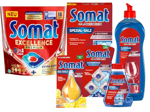 SOMAT 5in1 Caps 16 AW Excellence Premium, schnellauflösende Spülmaschinentabs mit Extra Boost + Klarspüler + Intensiv-Maschinenreiniger + Spezial-Salz + Deo Perls + Maschinenreiniger