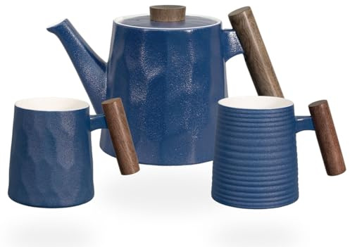 tea4chill Teeservice oder Kaffeeservice aus Porzellan blau mit Holzgriffen. Teekanne, Kaffeekanne 1,2 Liter. Teetassen, Kaffeetassen 400ml. Design modern, vintage