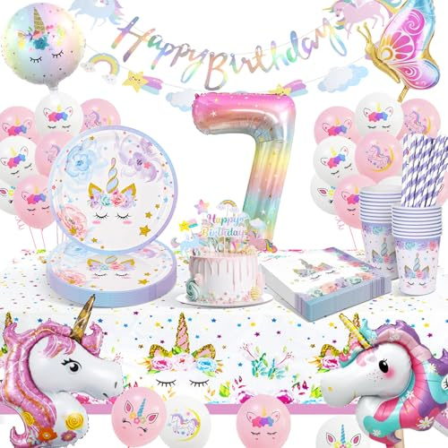 KQMGJYB Décoration Licorne pour Anniversaire Fille 7 Ans - Vaisselle, Gobelets, Serviettes, Couverts, Nappe, Ballon pour 16 Invités
