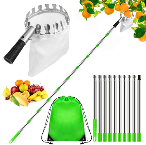 Dreamtop Pince à pommes de 4 m avec poignée télescopique - Pince à fruits longue portée avec perche et sac de rangement - Facile à assembler - Pour orange, cerise, etc