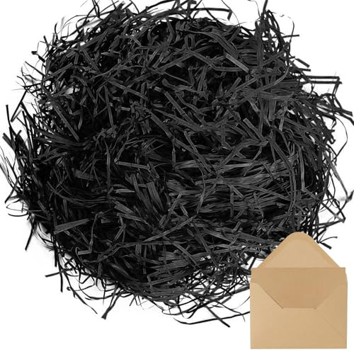Raffia Herbe - 200 g - Papier déchiqueté pour anniversaires, Noël, mariages et anniversaires de mariage - Matériau de remplissage pour la décoration de boîtes cadeaux et de paniers - Noir