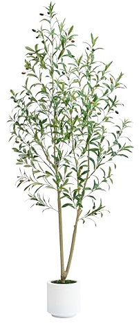 Artificial Olive Tree 5FT Tall Faux Olive Silk Plant with White Planter, Artificial Plants Home Office Decor Indoor Fake Potted Tree with Natural Wood Trunk and Lifelike Fruits Housewarming Gift