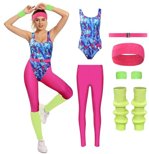 YANVS 80er Jahre Fitness Kostüm Damen 6 Stück Set Bunt Jumpsuit Vintage Aerobic Kleidung Yoga Hosen Sportbekleidung