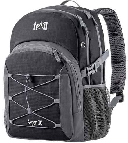 Trail Aspen 30L Day Pack Backpack for School Work Hiking Camping Travelling, Breathable Padded Back & Straps, 3 Zip Compartments, Internal Pockets, Bungee Cords, USB/Headphone Port, Water Resistant