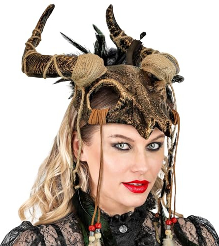 Kopfschmuck Tierschädel mit Hörnern Federn Perlen Voodoo Priester Maske Krieger Schamane Barbar, Farbe:Bronze