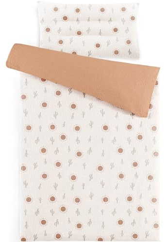 Susurration Ropa de Cama Infantil de Muselina, 100 x 135 cm, Funda de Almohada de 40 x 60cm, 100% de Algodón, Ligera y Cómoda, Juego de Ropa de Cama para Bebés y Niños(Sol marrón)