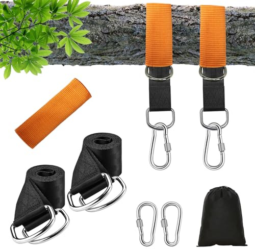 MINVOO Schaukel Befestigung 2 Stück Zubehör für Hängesessel Hängematte mit Verschleißfester Schutzabdeckung 50cm x 5cm Hält bis zu 450KG mit 2 Karabinern für Baumstämme, Halterungen (Schwarz 50cm)
