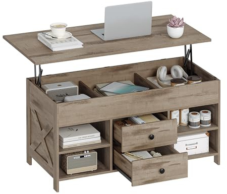 Hzuaneri Mesa de Centro Elevable, 100cm Marrón-Negro, Mesa Salón 2 Cajones