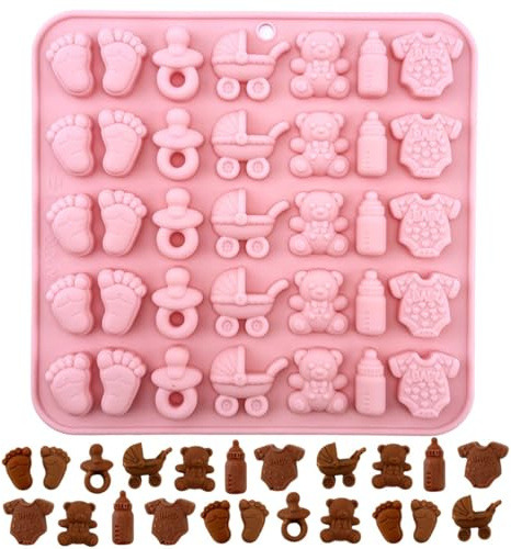 Baby Shower Silikon Schokoladenform, 1 Stück Bonbonform mit Baby Motiven | Fußabdrücke, Schnuller, Teddybär, Flasche und Babybody für Schokolade, Bonbons und Partygebäck
