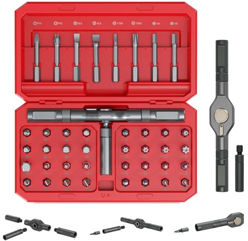 42-IN-1 Ratschenschraubendreher Set – Magnetisches Schraubendreher mit Abnehmbarem Griff, 58-Zahn-Ratsche, 40pcs S2 Bits, Farbcodiert – für Möbelmontage, Heimwerken, Auto & Haushalt (Rot)