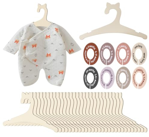 Perchas para ropa de bebé, 30 perchas de madera para niños, con 8 etiquetas separadoras, 22,7 x 12,5 cm, ganchos con forma de animales, ahorran espacio, perchas para niños, para pantalones, abrigos