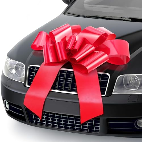 Neuytiky Fiocco Auto Matrimonio Gigante Rosso, Fiocco Regalo XXL per Decorazione Auto - 76 cm con Ventose e Nastro Adesivo per Coccarde Matrimonio e Nascita