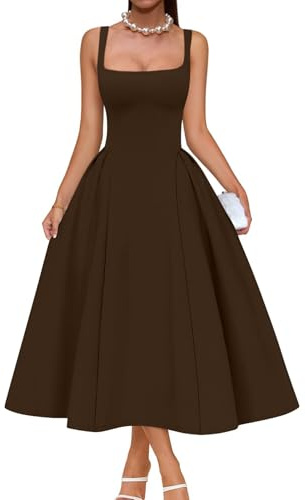 Memoriesea Women's Elegant Square Neck Swing A Line Wedding Evening Party Midi Dress Brown