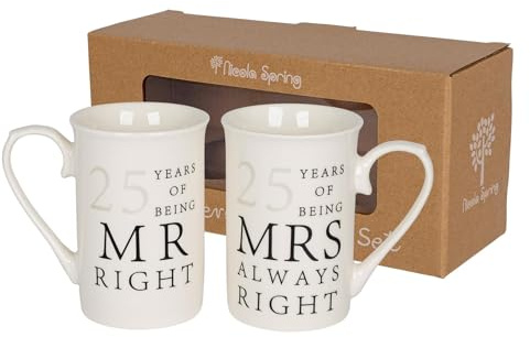 Nicola Spring 25th Anniversary Coffee Mug Set - 300ml Set of 2 New Bone China Coffee Teacup Drinking Mugs for Wedding, Milestone Celebration, His & Hers, Mr Right Mrs Always Right Couples Gift Box