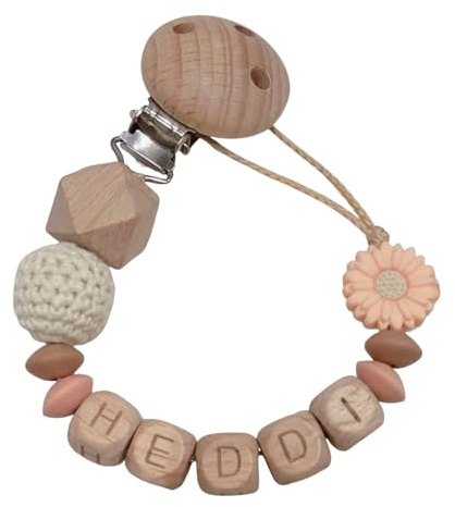 Glücksperle Schnullerband mit Namen für Mädchen & Jungen personalisierte Baby Geschenke mehrere Modellen & Farben (Peach Blume)