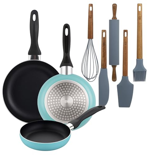 Well Home Set de 3 Sartenes Ø16Ø20Ø24cm de Aluminio prensado en Azul mate+Set de 5 Utensilios de Cocina de Silicona y Madera de Acacia