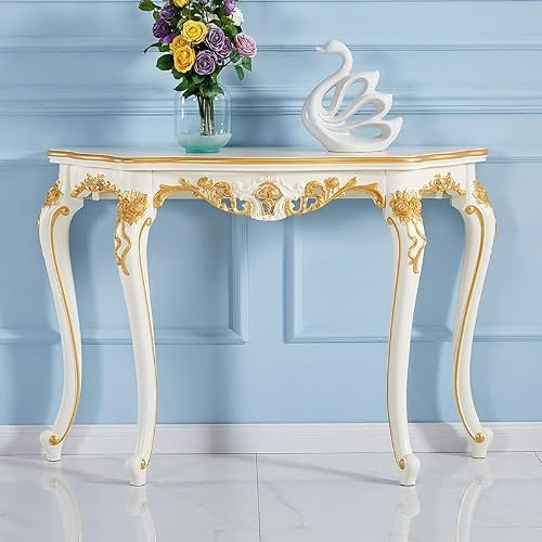 Lyxig Ornate Smal Konsolbord med Handskurna Detaljer, Tunn Ingångssoffbord för vardagsrum, hall, ingång, foyer(White+Gold2,63/160cm)