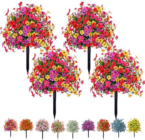 Artificial Violet for Outdoor Indoor Garden Home Decoration, Violet Flowers Balls Topiary Trees with Ground Spike, Realistic Plastic Garden Decor Plants for Home Garden Yard Patio (Colorful×4)