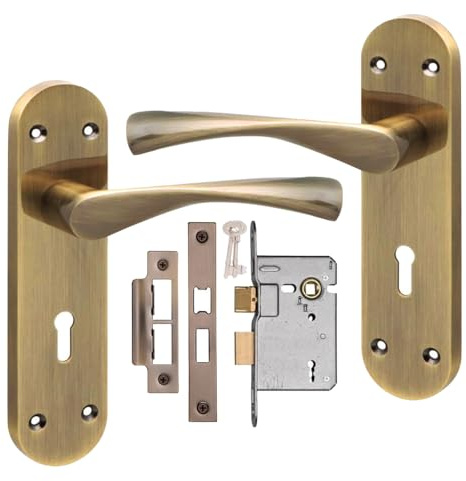 Golden Grace Astrid Lock Door Handle, Antique Brass 182x45mm Key Lock Set | Includes spindle and fixing screws for hassle-free installation, featuring a plain edge backplate and metal build.