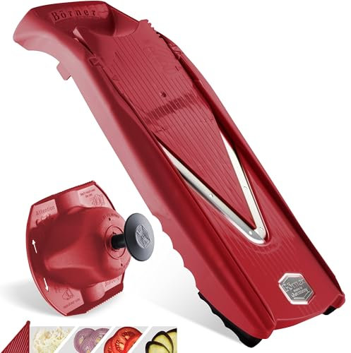 Coupe-Légumes Börner V5 (Set de Base) • Mandoline en V pour tranches de 4 épaisseurs • Trancheuse avec lame en acier inoxydable • Mandoline réglable pour fruits & légumes • Rouge