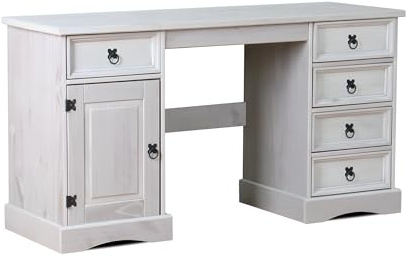Hacienda-Look – New Mexico Schreibtisch Breite 141 cm, Höhe 76 cm mit 5 Schubladen und 1 Tür in grau. – Regal – 141x76x47 cm – 5 Schublade(n) – massive Kiefer – Farbe Grau – Hacienda-Stil – wärmender