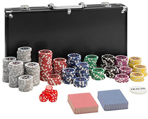 TecTake Pokerkoffer Pokerset mit 300 Pokerchips Laser Chips im Alu Koffer | Schwarz | inkl. 2 Kartendecks + 5 Würfel + 1 Dealer Button