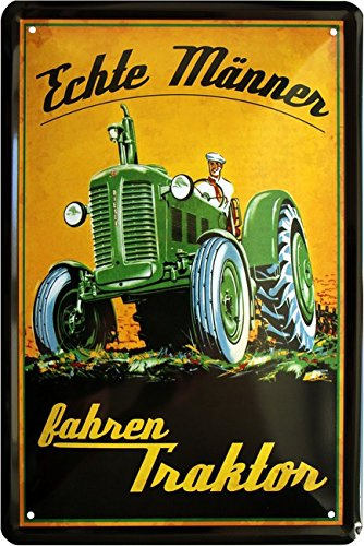 WOGEKA ART Retro Blechschild Echte Männer fahren Traktor Trecker Bauer witziger Spruch als Geschenk-Idee zum Geburtstag Weihnachten zur Dekoration 20x30 cm Vintage-Design aus Metall 957