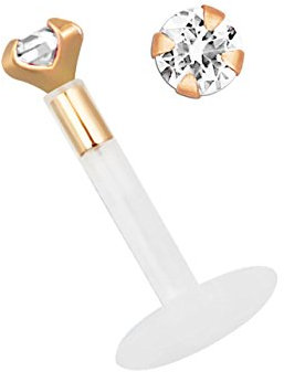 Modern Nature Piercing-Schmuck Teflon Labret Stecksystem 1,2 x 10 mm, 14kt. Rosegold mit 2 mm Stein in klar