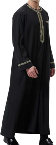 BeerMmay Herren Muslim Druck Kaftan Islamisch Royalty Dubai Robe O-Ausschnitt Lange Ärmel Retro Tuniken Abaya Lose Kandoura,Schwarz,M
