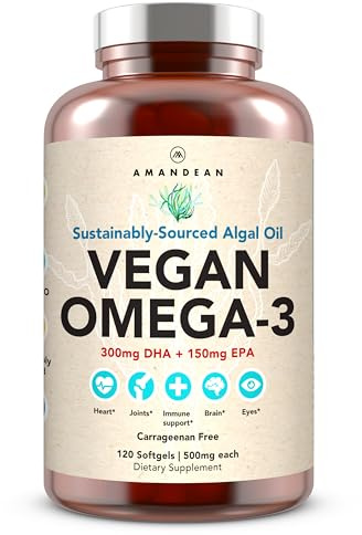 AMANDEAN Vegan Omega 3 Supplement. Premium Fish Oil Alternative. Algae DHA & EPA. Carrageenan Free Softgels. Algal Essential Fatty Acids. Plant Based Heart, Brain, Eye, Skin, Immune Support. (120ct)
