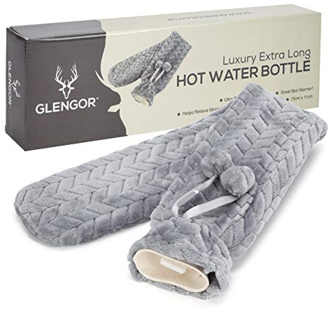 Glengor Luxury Extra Long Hot Water Bottle | Ultra-Soft Cover | 75cm | 2L | Natural Rubber | Grey