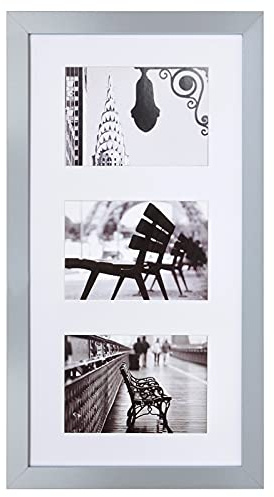 Muzilife Grau Bilderrahmen für 3 Fotos mit Passepartout, 13x18cm Aufhängung 3 Ausschnitten, Fotogalerie mit Glasscheibe für Bilder Collagen, 25x50cm