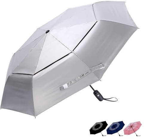 G4Free UPF 50+ UV Protection Travel Umbrella 42/46 Inch Windproof Silver Coating Sun Blocking Umbrella(Silver/Pink)