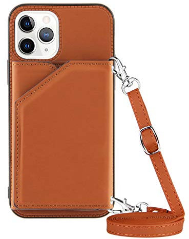 PekaTech Handykette für iPhone 11 Pro, PU-Leder Hülle- Handyhülle mit Band zum Umhängen - Klapptasche Handytasche Case mit Handy-Kette, Kartenfach und Portmonee, Braun