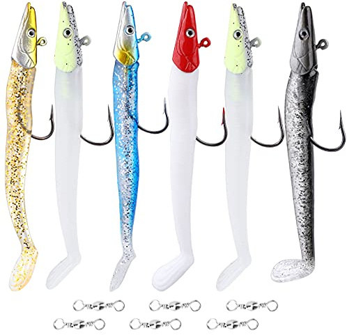 Pwsap 6Stück Angelköder Gummiköder Kunöder Gummifische Set Fische Angeln Hecht Forelle Zander Forellen Köder Jigköpfe Gummifisch Set 22g sinkender Köder schwimmender Hakenfisch Süßwasser Salzwasser