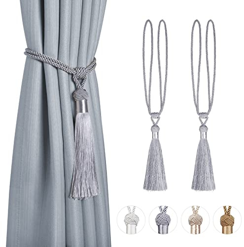Dalababa 2 Stück Vorhanghalter Raffhalter Gardinenhalter Polyester Baumwoll Seil mit Quaste Vorhang Tiebacks Dekorative Fenster Einfarbig Gardinen Zubehör,Grau